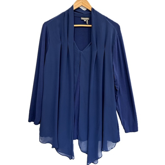 Vince Camuto Mock Cardigan Blouse Size 1X Sheer Jersey Mixed Fabric Long Sleeve - Picture 1 of 13